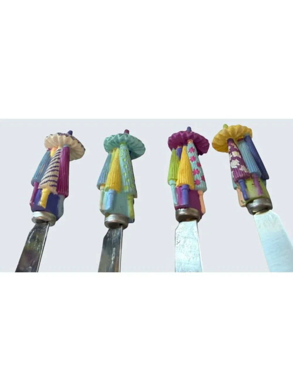 Set of 4 Parasol Umbrella Cheese Spreaders Colorful Resin Handles Stainless